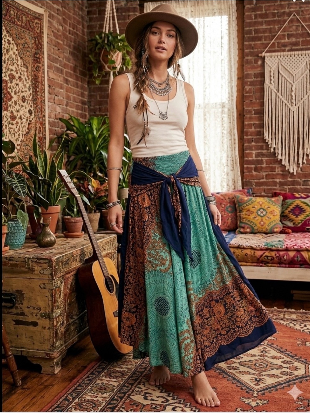 Strapless Maxi Skirt Dress in Teal & Navy with Amber Print